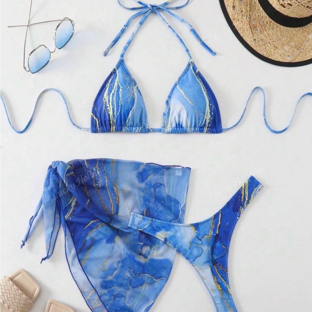 Blue and Gold Bikini Set with Sheer Cover-Up